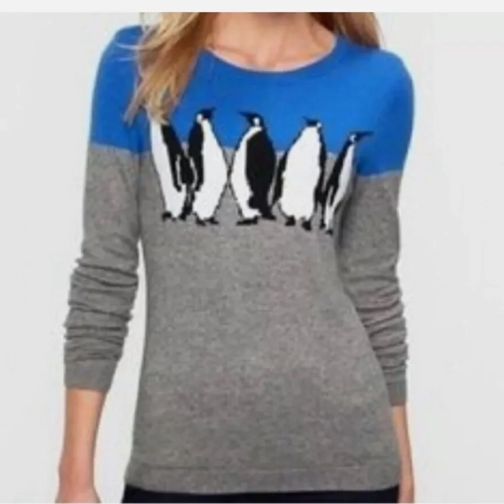 Talbots penguin sweater lambs wool blend blue grey Medium petite